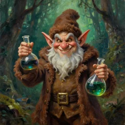 evil alchemist gnome, brown tuffle coat, evil smile, flasks in hands, dnd, deforested forest background, oil painting, matte painting, by midjourney