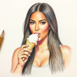kim kardashian, crayon drawing, colorful, eating ice cream