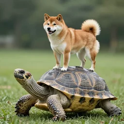 a shiba inu riding on top of a large tortoise, stock photo
