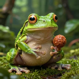a frog with meatball on its fingers, hyper detailed, realistic, studio photograph, jungle documentary, trending in artstation