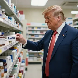 photograph of donald trump at the pharmacy picking up adderall, photo by james cameron, amazing lighting