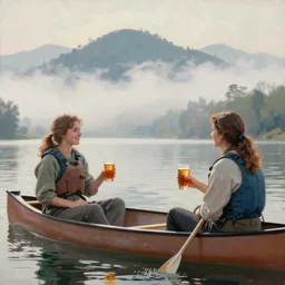 “ girls sitting in canoe, on the hudson river, holding beer!!!!!!!!, mountains in fog, painting, by odd nerdrum ”
