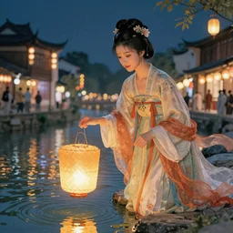 grand festival, a beautiful girl in ancient costume is putting on a river lantern, chinese watercolor style, trending on artstation, global illumination, radiant light, night lighting, art by wlop and greg rutkowski,, detailed and intricate environment, 8 k