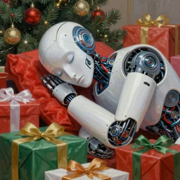 robot from future, asleep at christmas. surrounded by gifts. high quality detailed face. beautiful painting by beeple