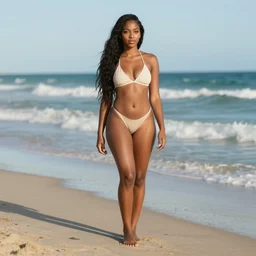 beautiful black girl, on the beach, long hair, full body