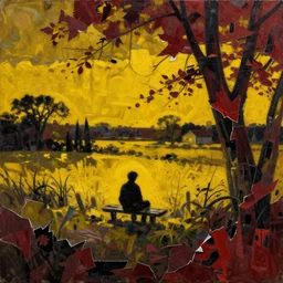 feeling lonely in the countryside, dark yellow dark red palette, strong contrast, painting by shaun tan, detailed, intricate, torn paper decollage, oil on canvas by edward hopper, ( by mattias adolfsson ), by moebius