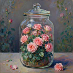 a rose garden trapped inside a jar with the lid on. beautiful detailed dramatic painting by artgerm and magali villanueve and monet