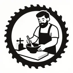 bearded man turning bowl on woodlathe, machinery, sawblade border, vector art, simple, clean, monochromatic, woodturning