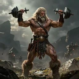 concept art conan the barbarian doing bicep curls with heavy weight