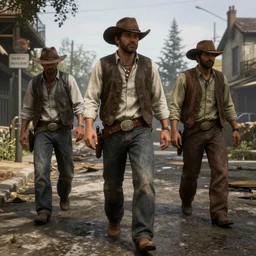 cowboy androids walking the streets in Saint Denis in Red Dead Redemption 2 8k hyperdetailed photorealism HDR