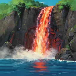 a waterfall of boiling lava falls off a cliff into the ocean, studio ghibli style