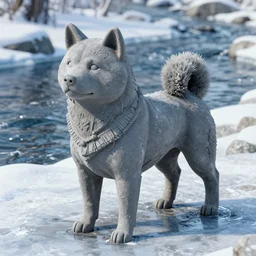 a grey and rough hewn shiba inu statue placed beside a frozen stream, skyrim pc screenshot