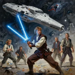 ! dream a jedi with a bright blue lightsaber trying to bring down a star destroyer with the force, epic proportions, award winning collaborative painting by geg ruthowski, craig mullins, vincent di fate, john berkey, michael whelan, collaborative artwork, exquisitely high quality and detailed