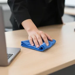 a realistic photo of a person wearing black clothes cleaning an office desk with a blue cloth