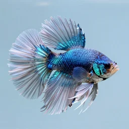 an exotic fish with feathers, plain light blue background, dslr, fine details, soft light