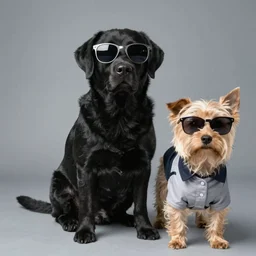 A high quality professional photograph of a black labrador and a blond Norfolk terrier both wearing cool clothes and sunglasses