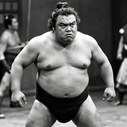 jack black, a fearselles sumo fighter in 1 9 4 0 japanese movie, dramatic scene, storycal, detailed, black and white, jack black sumo fighter