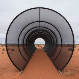 tunnel shaped, electrostatic atmospheric water condenser and collector, nikoa tesla antenna array technology, hills hoist, fine fractal ribbed black mesh sailcloth in the australian desert, windtrap, natural light, high quality photograph, shallow depth of field, simple composition, highly detailed, symmetrical,