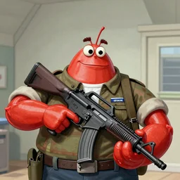 mr krabs wearing an israeli defense force uniform holding an m16