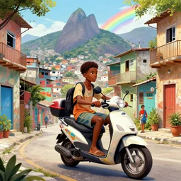 a young favela black boys, riding on the moped scooter, on the street of rio de janeiro favela, digital illustration by ruan jia on artstation, colorful, rainbow, sunlight, soft lighting, insanely detailed and intricate, hypermaximalist, elegant, ornate, hyper realistic, super detailed, by akihito yoshida, by bob byerley