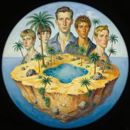 gediminas pranckevicius fish eye view of detailed portrait of floating miniature desert island with oasis planet, intricate complexity, by greg rutkowski, ross tran, conrad roset, takato yomamoto, ilya kuvshinov palm trees, small lake, birds, rocks, painting by lucian freud and mark brooks, bruce pennington, bright