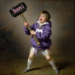 a beautiful full body portrait of a boy with a purple discord logo hoodie trembling with fear under a gigant hammer with the word'ban'in it, art by franz xaver winterhalter, highly detailed, elegant, jewlery, romanticism, rococo, neoclassicism, 1 8 5 0 s style painting, oil on canvas, vivid