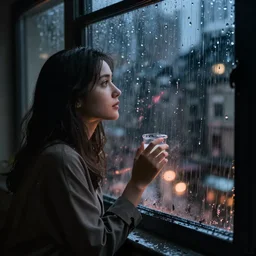 elle fanning looking out a window on a rainy night, nighttime!, raining!!, city light reflections!!