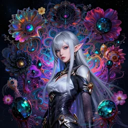 rei ayanami, deep space, seascape, grimes with elf ears, silver hair, beautiful anime warrior, masterpiece by shikinami asuka langley, ernst haeckel, cosmos, psychedelic flowers, black opal, rainbow aura quartz, organic, oni compound artwork, of character, render, artstation, portrait, wizard, beeple, art, fantasy, epcot, psychedelic glitchcore