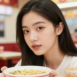 close up of face of female asian fashion model inside small noodles food snack bar in tokio in luxury dress, yellow lighting, photography by emily soto, official versace editorial, highly detailed