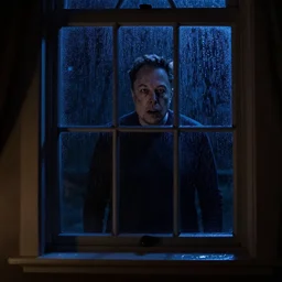 dark photo of dark blue rainy bedroom window at night, creepy face of elon musk staring in through the window, horror, scary face,