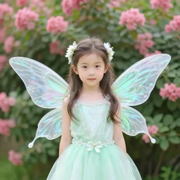 a young girl dressed up as fairy in front of some pink flowers