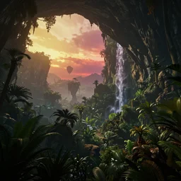 a beautiful render of a dark prehistoric rainforest in a humongous cave, lush flora, patches of yellowish - orange, red, magenta sky, sunset, floating mountains and a waterfall in the background, intricate detail, hazy, humid, volumetric lighting, 8 k, photorealistic, raytracing effects, unreal engine 5