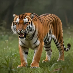 roaring tiger on grass. atmospheric lighting. highly detailed digital painting by greg rutkowski.