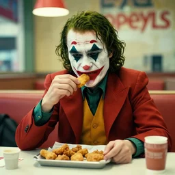 cinematic shot of the joker sitting at a table in a popeyes restaurant and eating chicken tenders, 8 k, very detailed, very intricate,