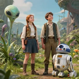 a girl and a boy standing next to some alien plants, looking happy, both wearing civil war era clothes, their pet droid is nearby, in a park on a alien planet, ultra realistic facial details, enhanced faces, ultra photorealistic raytracing, trending on artstation, 8k