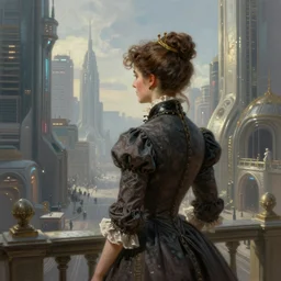 portrait of a victorian lady in a futuristic city, from behind, streets, beautiful, sci-fi, open sky, tall buildings, highly detailed, digital painting by Gustave Courbet