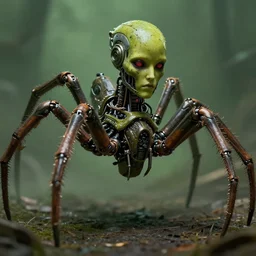 post apocalyptic robotic nachinary demon spider cyborg, with a face of a female cyborg attached as its face, mustard greenish unknown spooky atmosphere hyperrealistic extremely fine details sharper focus 8 k