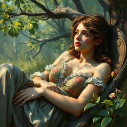 illustration studio portrait of one beautiful girl in an artistic pose resting in nature, monet painterly motives and textures pattern, hyper detailed, octane render, vivid colors, artstation, by jeremy mann, by alphonse mucha, by monet