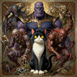 the platonic ideal of felix the cat of cletus kasady ultimate carnage thanos dementor doctor manhattan chtulu nazgul, detailed, intricate, hyperrealism, intense, scary, decay, dmt, art by brock hofer and artgerm and greg rutkowski and alphonse mucha