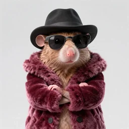 “anthropomorphic rat wearing a velvet fur coat, sunglasses and a hat, arms folded, 3d render, detailed, Pixar”
