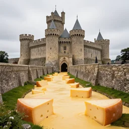 a medieval castle surrounded by a moat made of cheese!!!