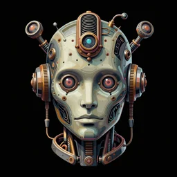 hyperdetailed portrait of a spaced out steampunk robot head, 8 k, symetrical, halluzinogenic, meditative, vector art, black background