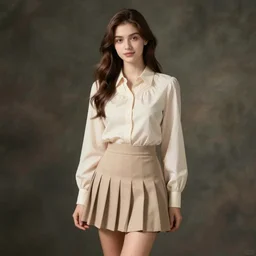 A young pretty male model showcasing a very cute pleated miniskirt and blouse. Studio lighting