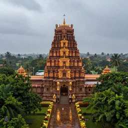 magnificent forts of indian temples surrounded by green jungles decorated in lights and flowers with rain hyperrealistic, sense of depth, 8 k, photorealistic, incredible india, wide angle