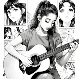 Ariana Grande playing acoustic guitar, black and white manga, highly detailed,  art by Kentaro Miura