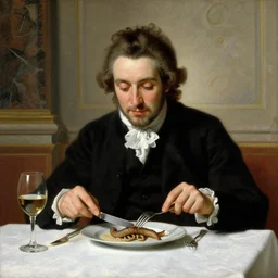 baroque oil painting handsome aristocrat in elegant black suit eating small cooked dune sandworm using knife and fork in restaurant, painted by greg rutkowski cushart krentz jeremy mann, dune sandworm, wine glass, marble interior, front view, close up shot, soft studio lighting, elegant, morandi color scheme, white embroidered tablecloth, baroque style, 8 k resolution