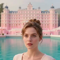cinematic mid shot of a high detail, refined woman's face looking off camera. fine facial features. she stands in an empty, pastel colourful 3 d, lake scene, shallow depth of field, floating in the sky, by jeffrey smart and gregory crewdson and edward hopper, inspired by the grand budapest hotel