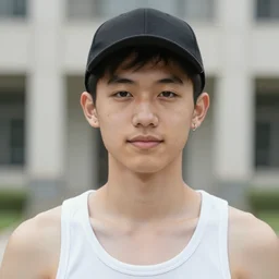 portrait of a university student wearing a basecap, tank-top, light freckles, small silver earring shyly smirking into the camera, award winning cover photograph of a gay magazine, Kodak Portra, f1.2