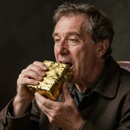 a man eating a block of uranium