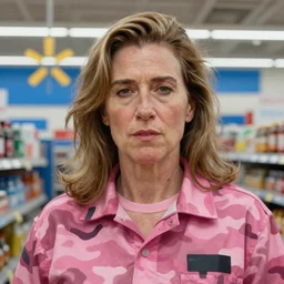 a robert de niro, sr. painting of the horrors of a woman wearing pink camouflage in walmart